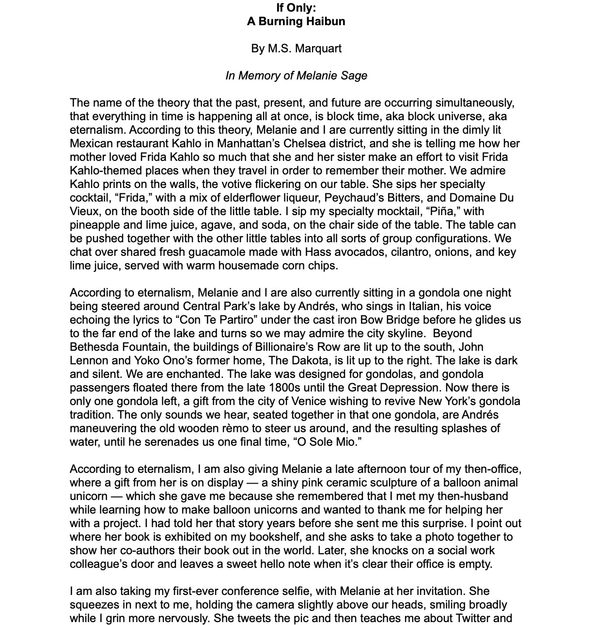 First page of If Only: A Burning Haibun by M.S. Marquart, in memory of Melanie Sage, reflecting on eternalism and shared memories in New York City.