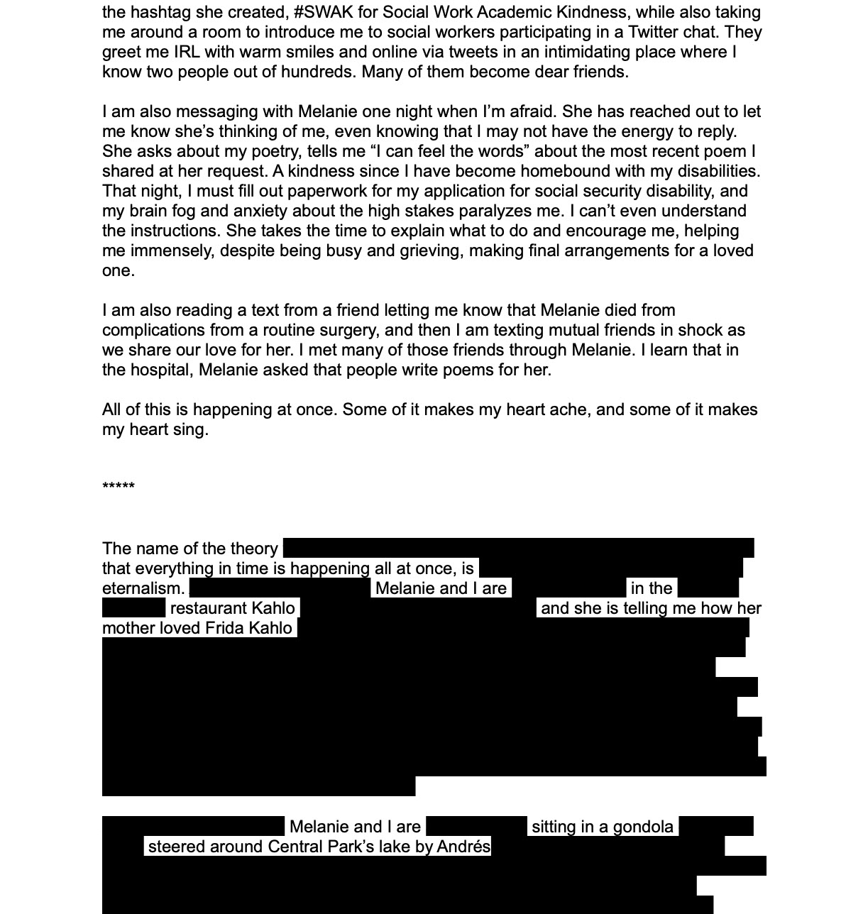Second page of If Only: A Burning Haibun, moving from memories of Melanie’s support and death into a visual erasure poem, with most text covered by black blocks and selected phrases left visible.