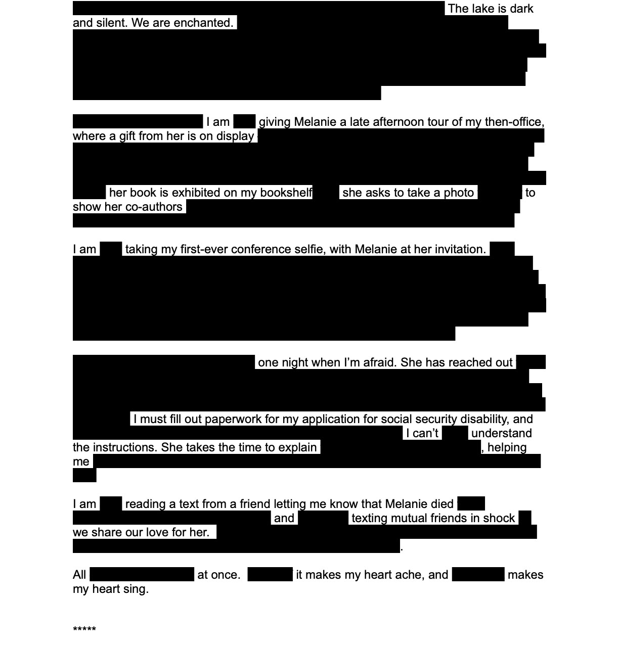 Third page of If Only: A Burning Haibun, using black erasure blocks to leave fragments about enchantment, friendship, support during disability paperwork, Melanie’s death, and the simultaneous ache and joy of memory.